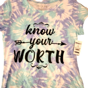 Juniors Wound Up Tee "Know Your Worth" Large/11-13 Tie Dye Purple Blue